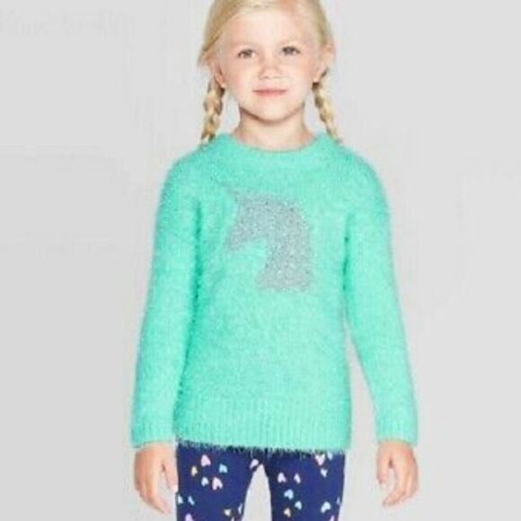 NWT Cat & Jack Toddler Girls’ Unicorn Pullover Sweater Mint / Aqua / Silver - Picture 1 of 5